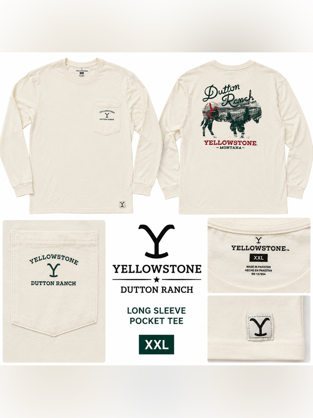 Yellowstone Dutton Ranch Long Sleeve Pocket T-Shirt Cream Graphic Tee XXL